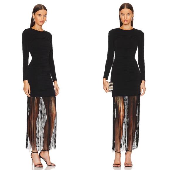 Alice + Olivia Katherina Long Sleeve Ruched Fringe Black Midi Dress Size 0 - Picture 2 of 10
